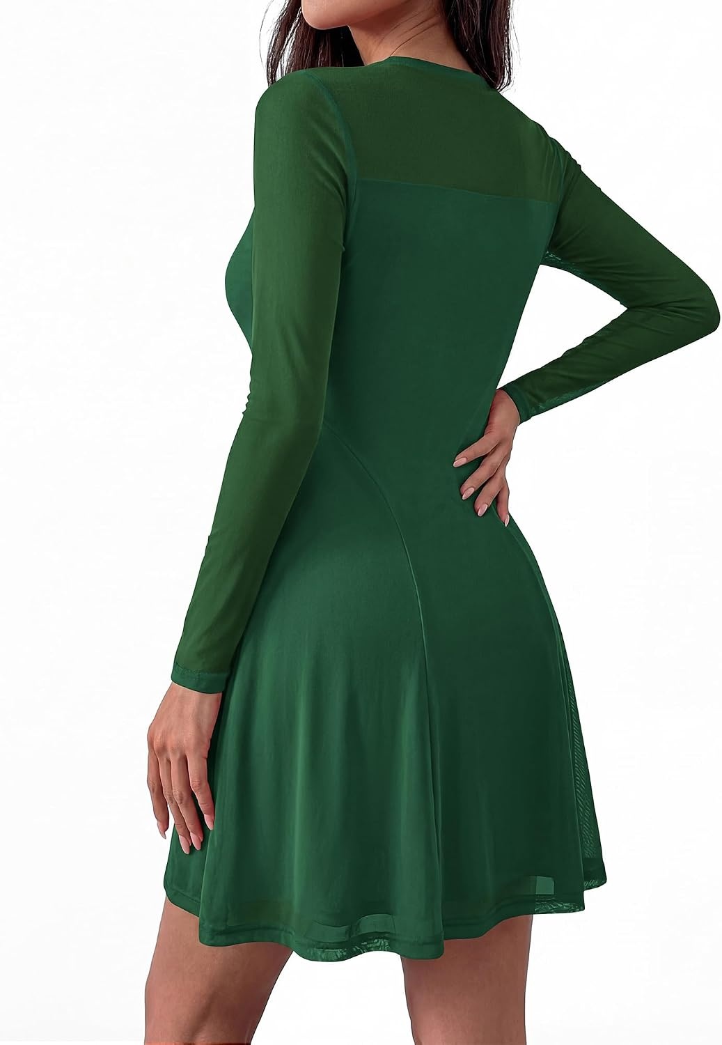 image:imageBTFBM Womens Mini Dress Sheer Mesh Long Sleeve DressesGreen