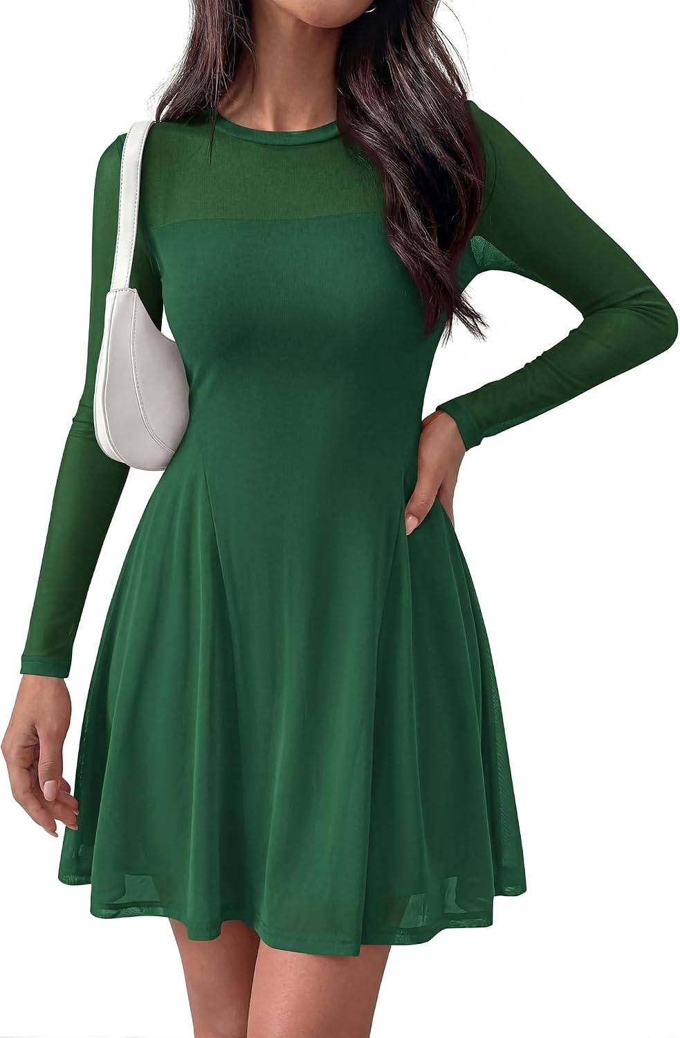 image:imageBTFBM Womens Mini Dress Sheer Mesh Long Sleeve DressesGreen