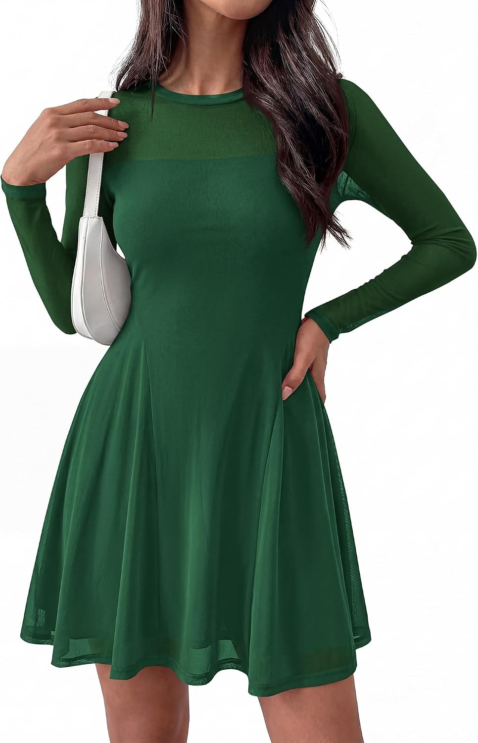 image:imageBTFBM Womens Mini Dress Sheer Mesh Long Sleeve DressesGreen