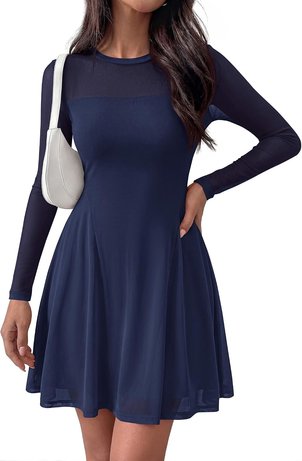 image:imageBTFBM Womens Mini Dress Sheer Mesh Long Sleeve DressesNavy Blue