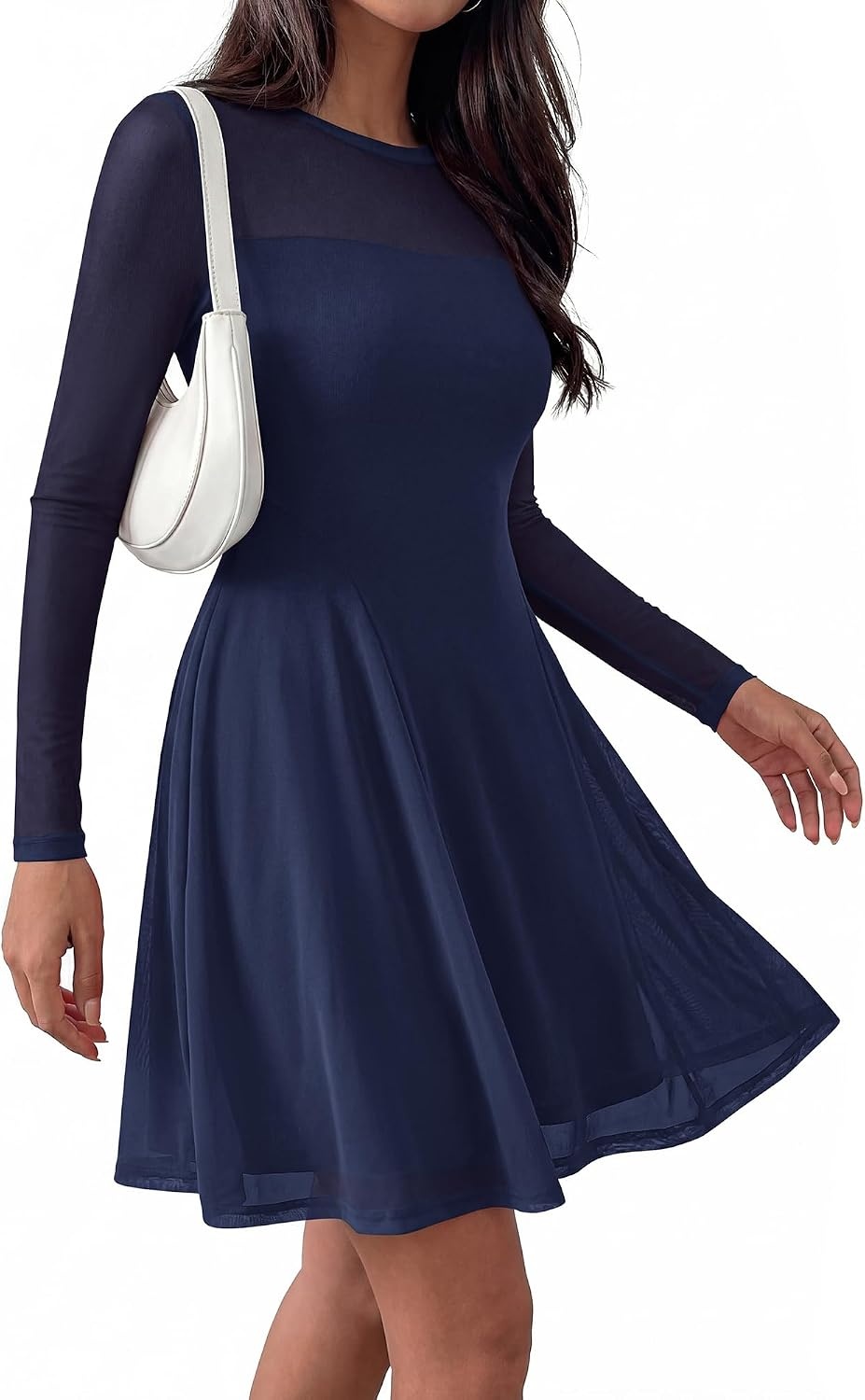 image:imageBTFBM Womens Mini Dress Sheer Mesh Long Sleeve DressesNavy Blue