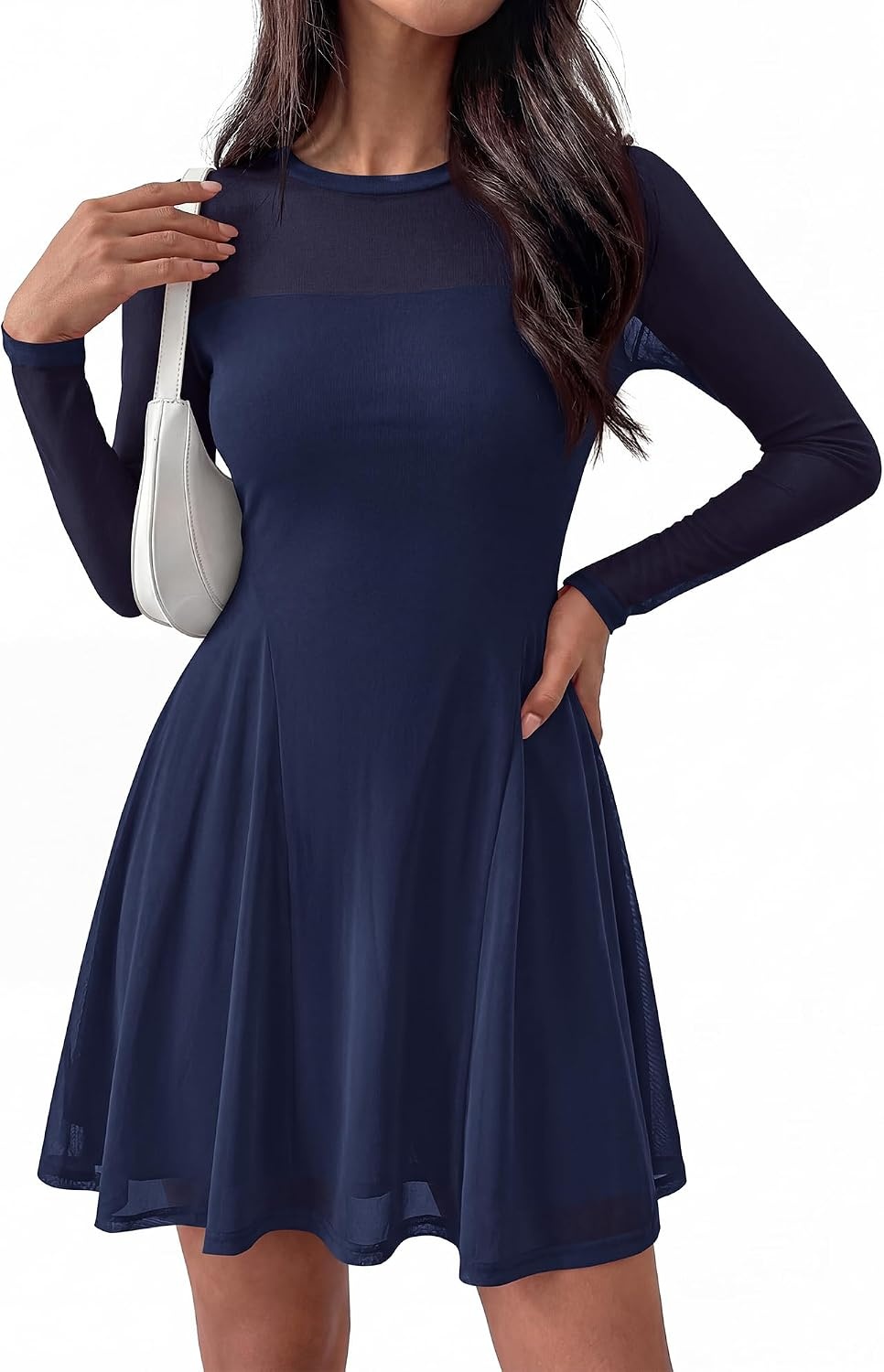 image:imageBTFBM Womens Mini Dress Sheer Mesh Long Sleeve DressesNavy Blue