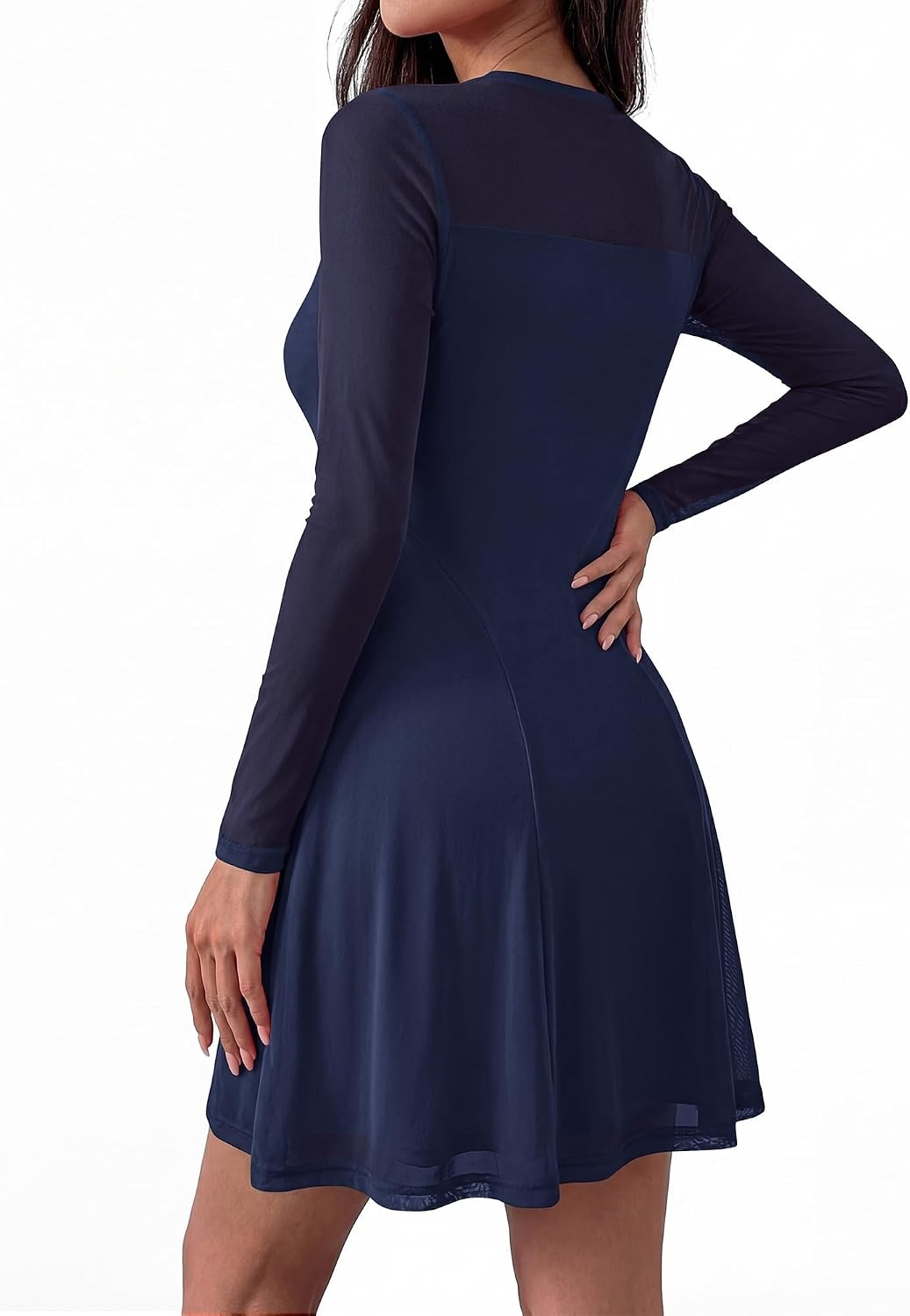 image:imageBTFBM Womens Mini Dress Sheer Mesh Long Sleeve DressesNavy Blue