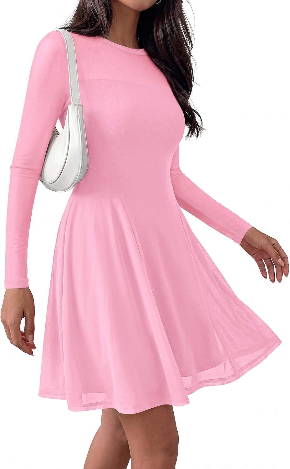 image:imageBTFBM Womens Mini Dress Sheer Mesh Long Sleeve DressesPink