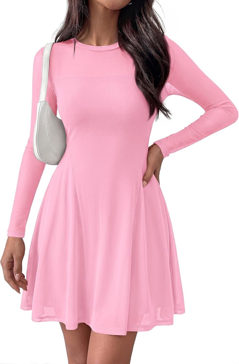 image:imageBTFBM Womens Mini Dress Sheer Mesh Long Sleeve DressesPink