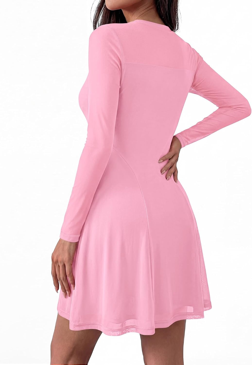 image:imageBTFBM Womens Mini Dress Sheer Mesh Long Sleeve DressesPink