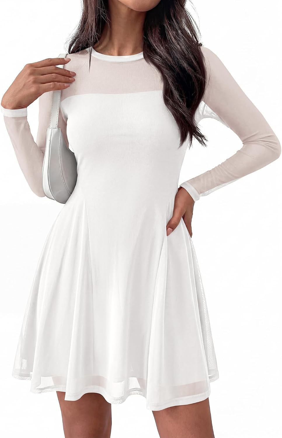 image:imageBTFBM Womens Mini Dress Sheer Mesh Long Sleeve DressesWhite