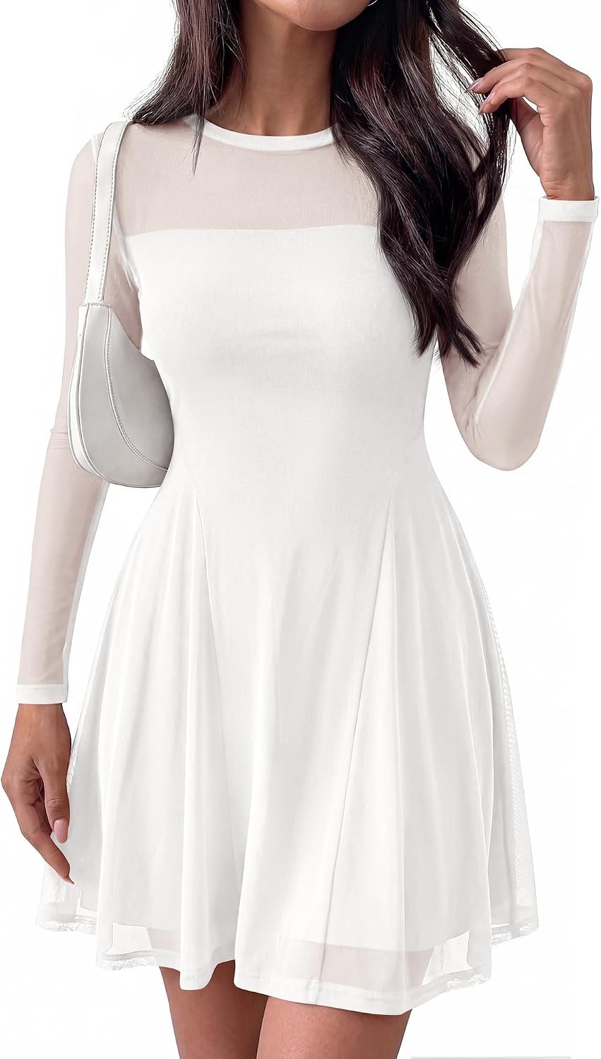 image:imageBTFBM Womens Mini Dress Sheer Mesh Long Sleeve DressesWhite
