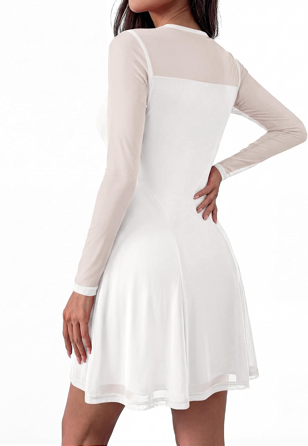 image:imageBTFBM Womens Mini Dress Sheer Mesh Long Sleeve DressesWhite