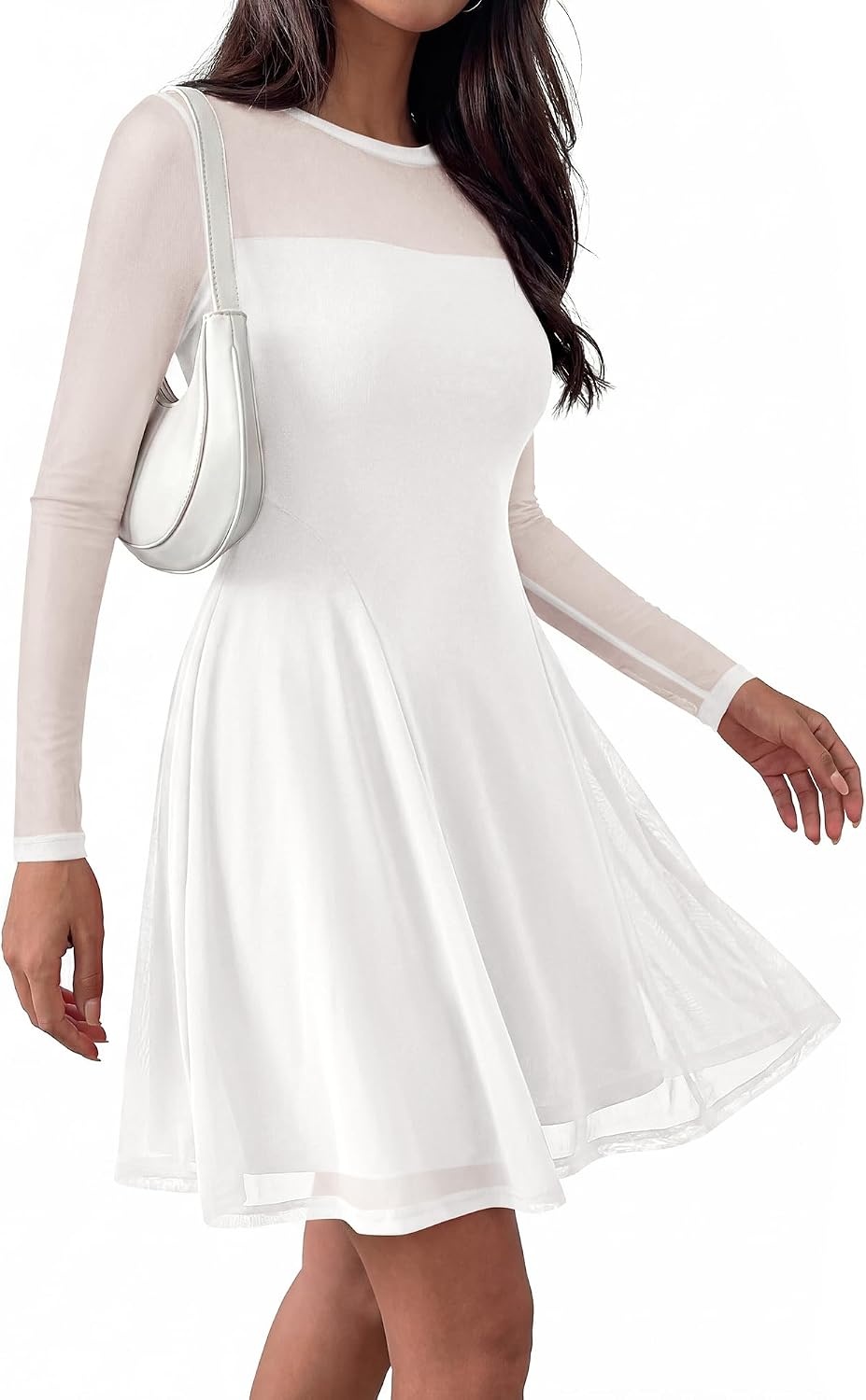image:imageBTFBM Womens Mini Dress Sheer Mesh Long Sleeve DressesWhite