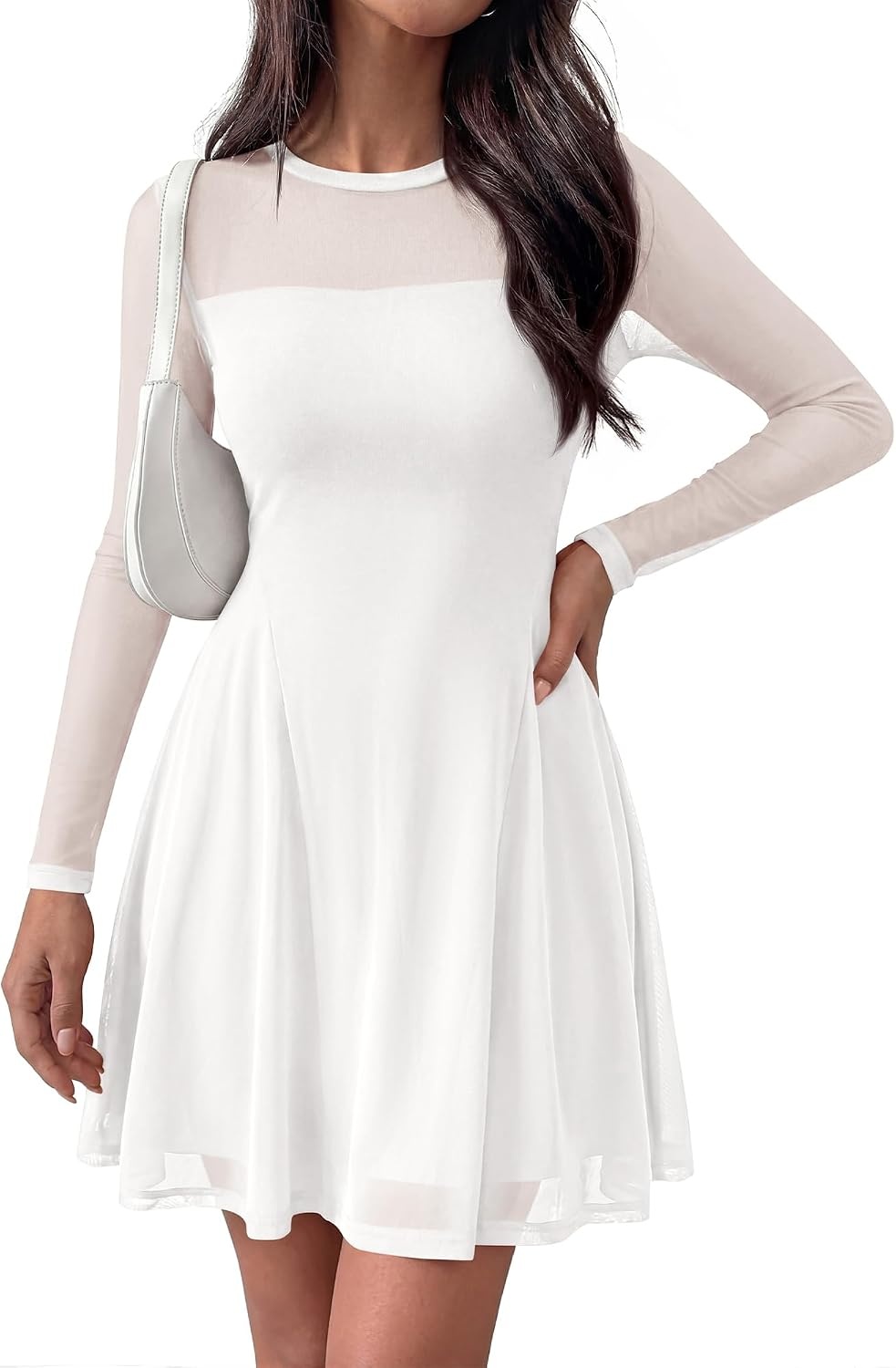 image:imageBTFBM Womens Mini Dress Sheer Mesh Long Sleeve DressesWhite