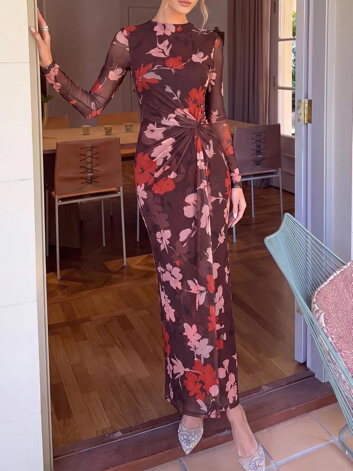 image:imageBTFBM Womens Sheer Mesh Maxi Fall Wedding Guest Dress Fashion Clothing 2026Floral Brown