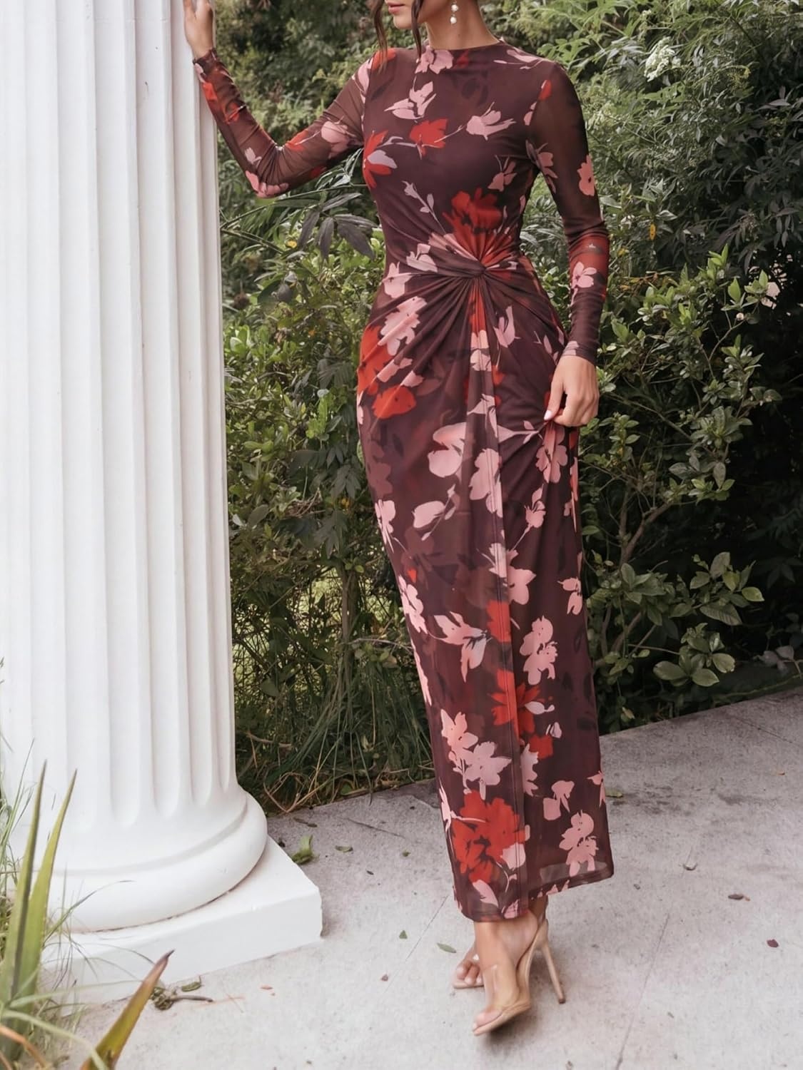 image:imageBTFBM Womens Sheer Mesh Maxi Fall Wedding Guest Dress Fashion Clothing 2026Floral Brown