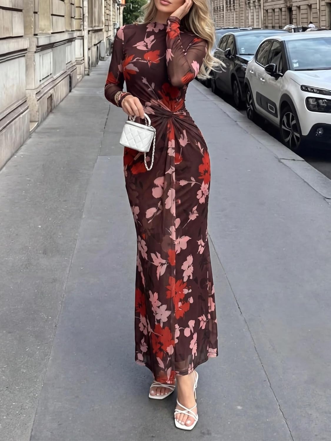 image:imageBTFBM Womens Sheer Mesh Maxi Fall Wedding Guest Dress Fashion Clothing 2026Floral Brown