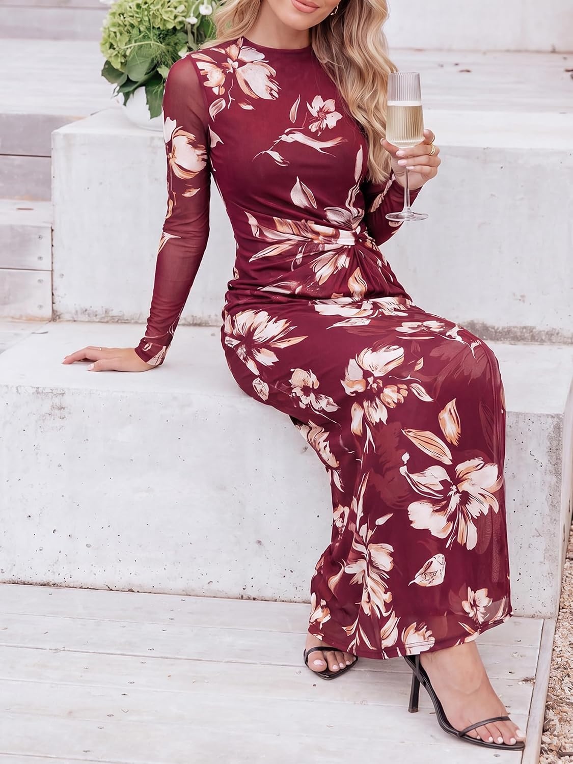 image:imageBTFBM Womens Sheer Mesh Maxi Fall Wedding Guest Dress Fashion Clothing 2026Floral Burgundy White