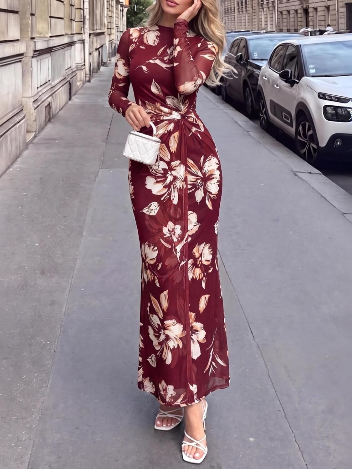 image:imageBTFBM Womens Sheer Mesh Maxi Fall Wedding Guest Dress Fashion Clothing 2026Floral Burgundy White