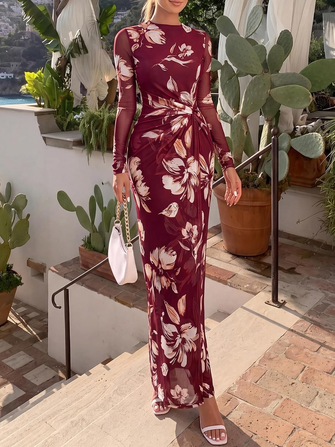 image:imageBTFBM Womens Sheer Mesh Maxi Fall Wedding Guest Dress Fashion Clothing 2026Floral Burgundy White
