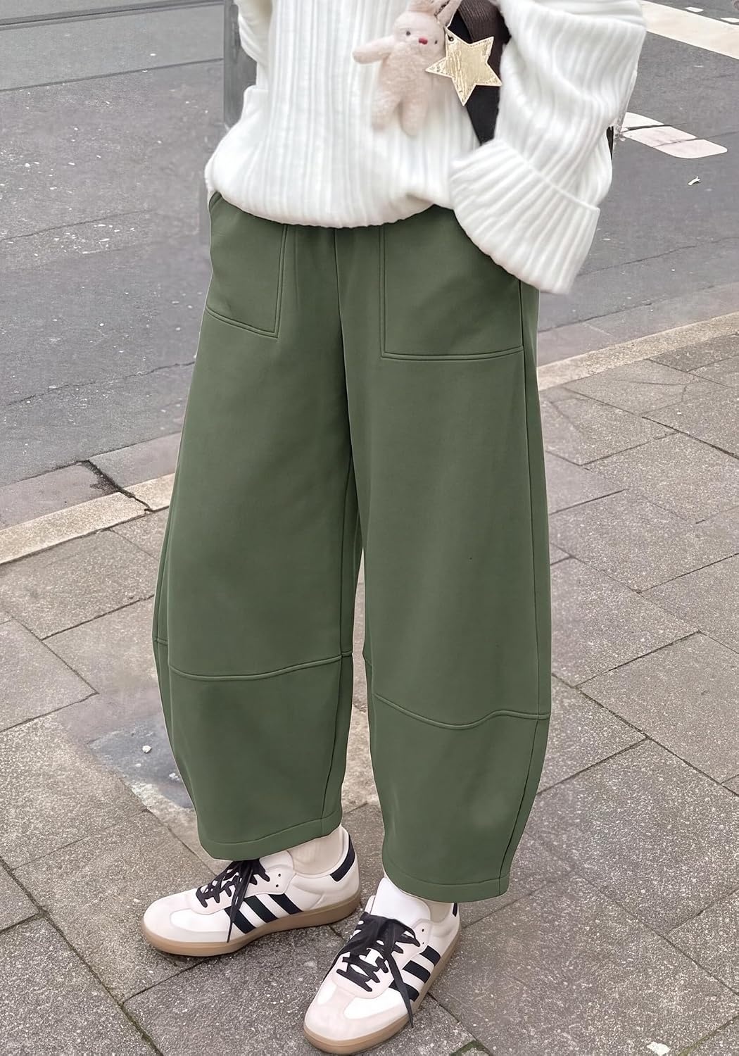 image:imageBTFBM Womens Wide Leg Pants Ankle Palazzo Fleece Harem Barrel SweatpantsSage Green
