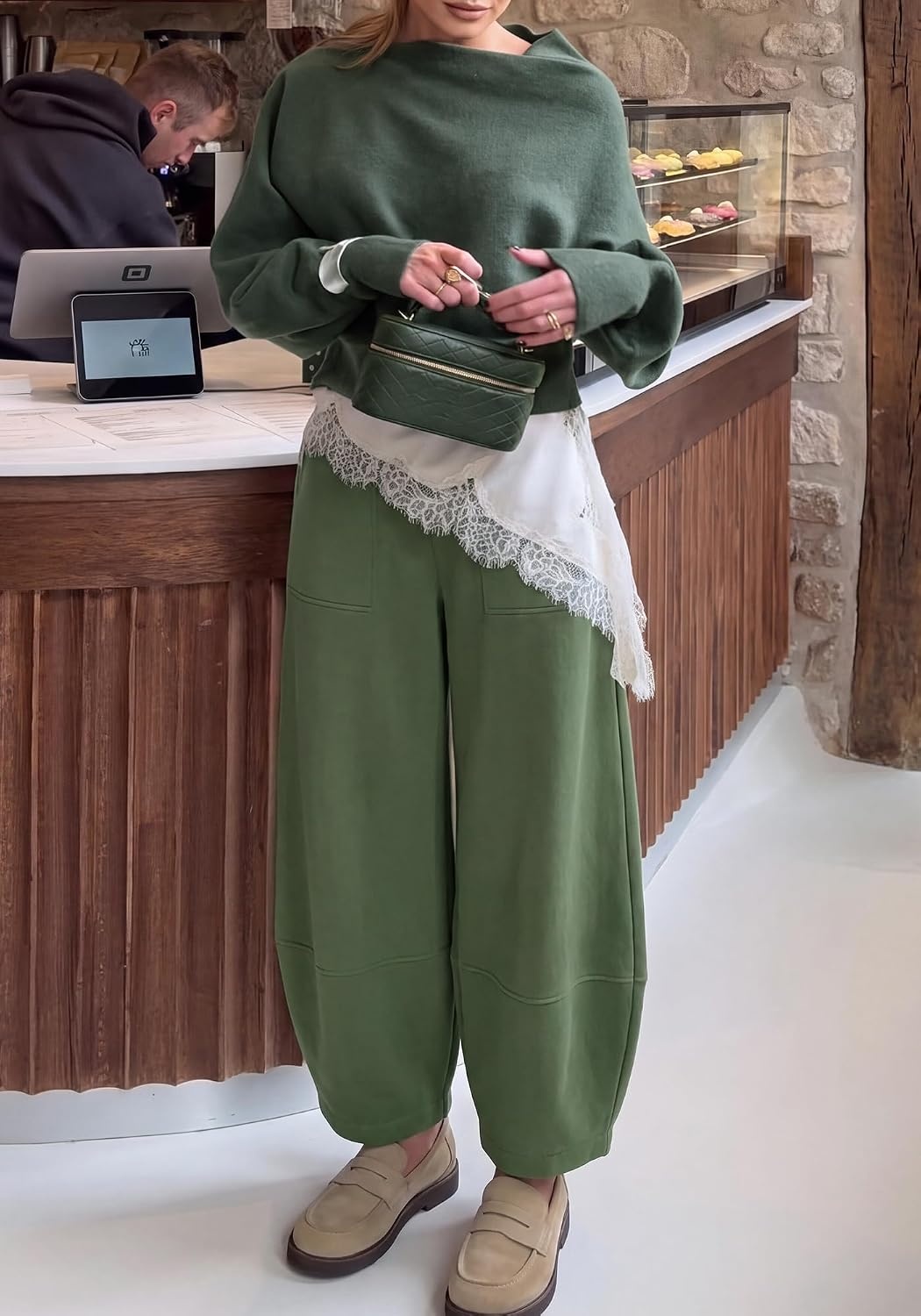image:imageBTFBM Womens Wide Leg Pants Ankle Palazzo Fleece Harem Barrel SweatpantsSage Green