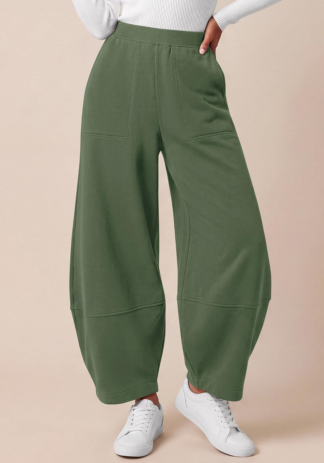 image:imageBTFBM Womens Wide Leg Pants Ankle Palazzo Fleece Harem Barrel SweatpantsSage Green