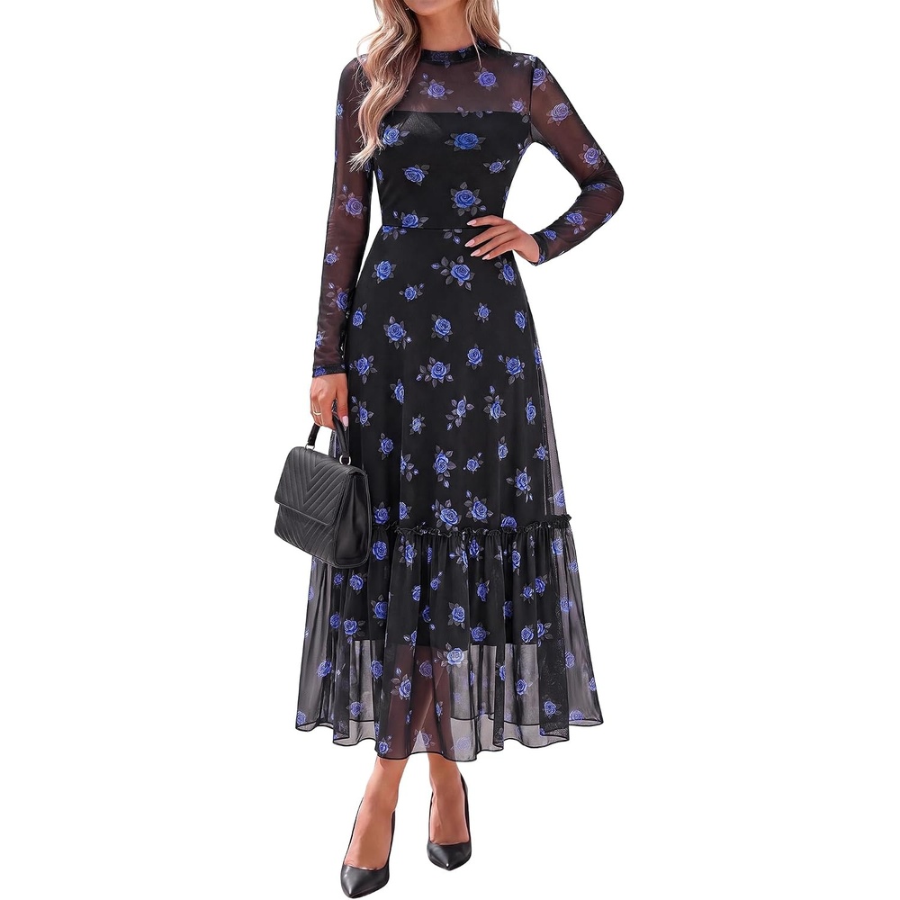 image:imageBTFBM Boho Mesh Long Sleeve Dress for WomenFloral Black Royal Blue