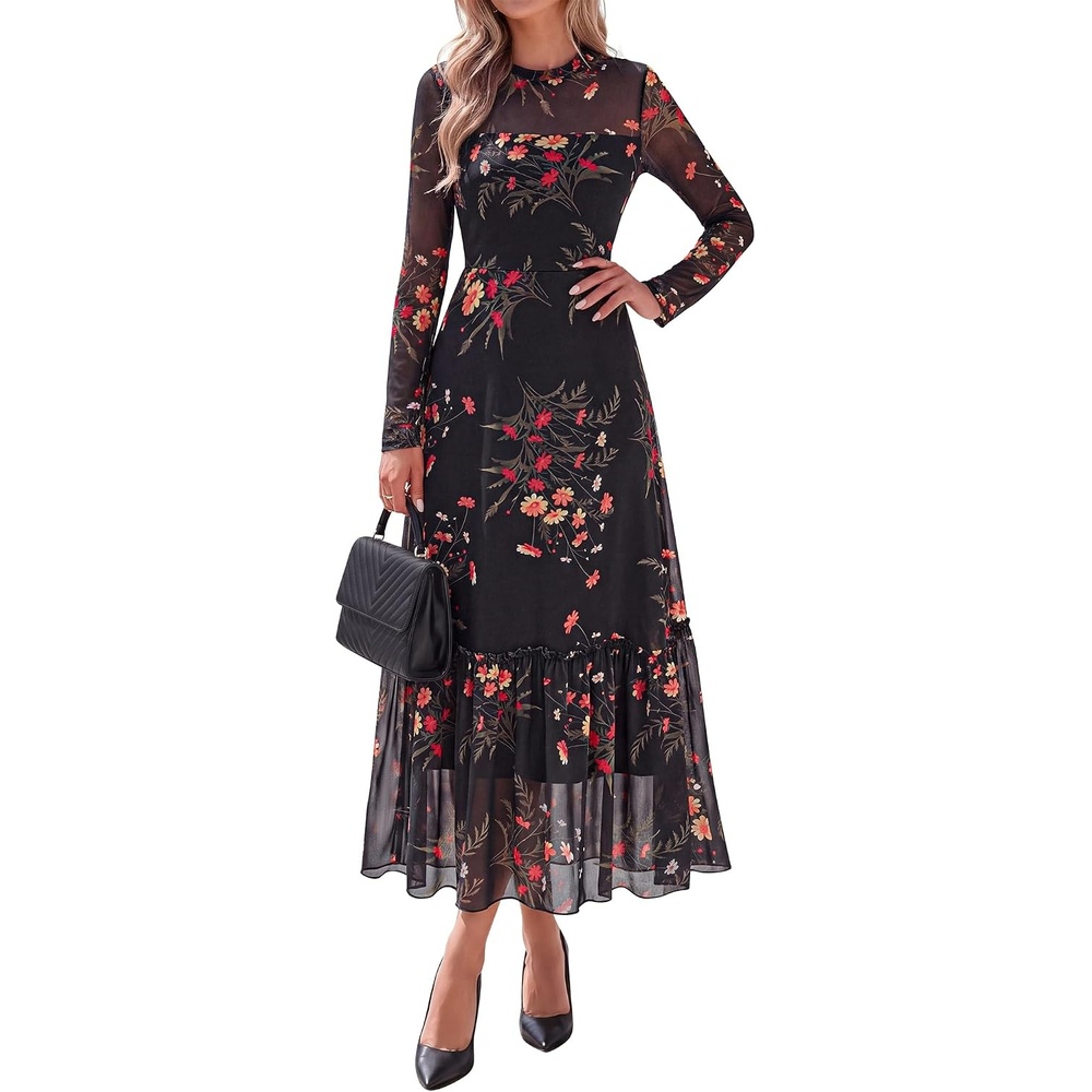 image:imageBTFBM Boho Mesh Long Sleeve Dress for WomenFloral Black Yellow
