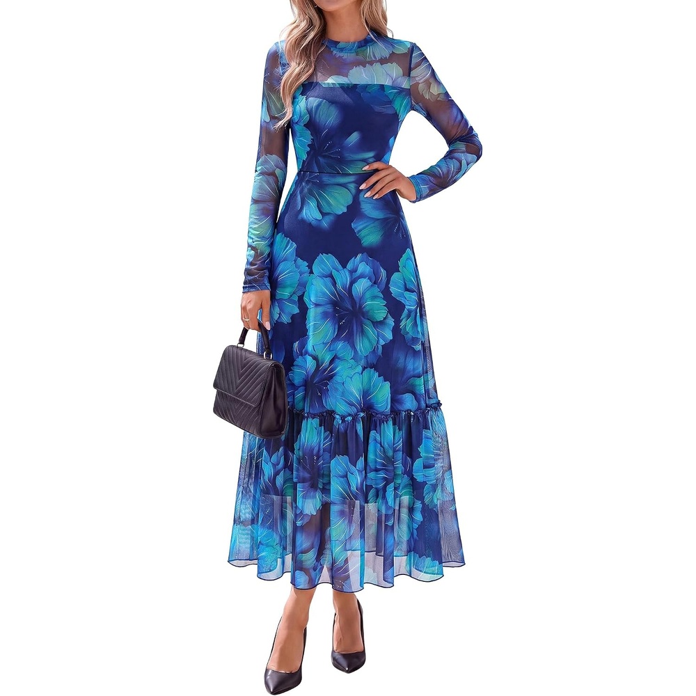 image:imageBTFBM Boho Mesh Long Sleeve Dress for WomenFloral Navy Green