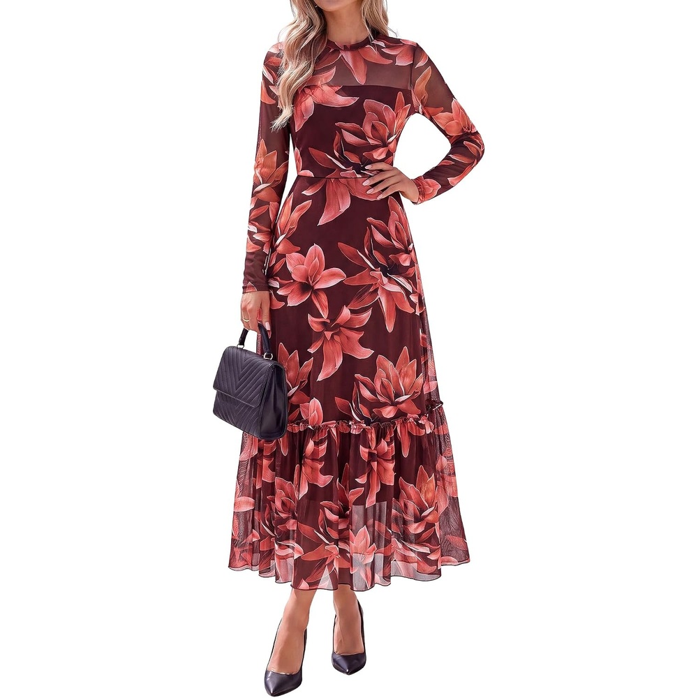image:imageBTFBM Boho Mesh Long Sleeve Dress for WomenFloral Red Brown