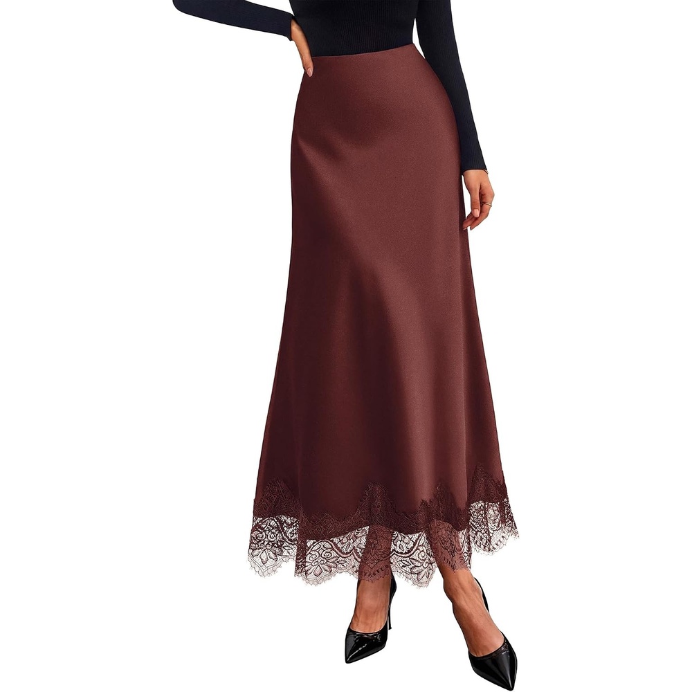 image:imageBTFBM Lace Trim Satin Skirts for Women ElegantBrown
