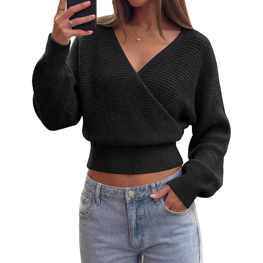 image:imageBTFBM Ribbed Knit V Neck Wrap Cross Sweaters for Women Fall Outfits 2026Black