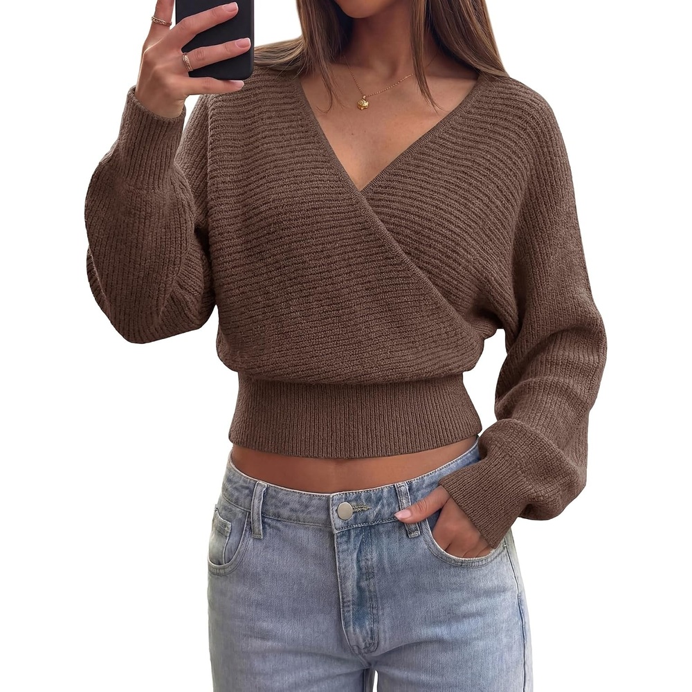 image:imageBTFBM Ribbed Knit V Neck Wrap Cross Sweaters for Women Fall Outfits 2026Brown