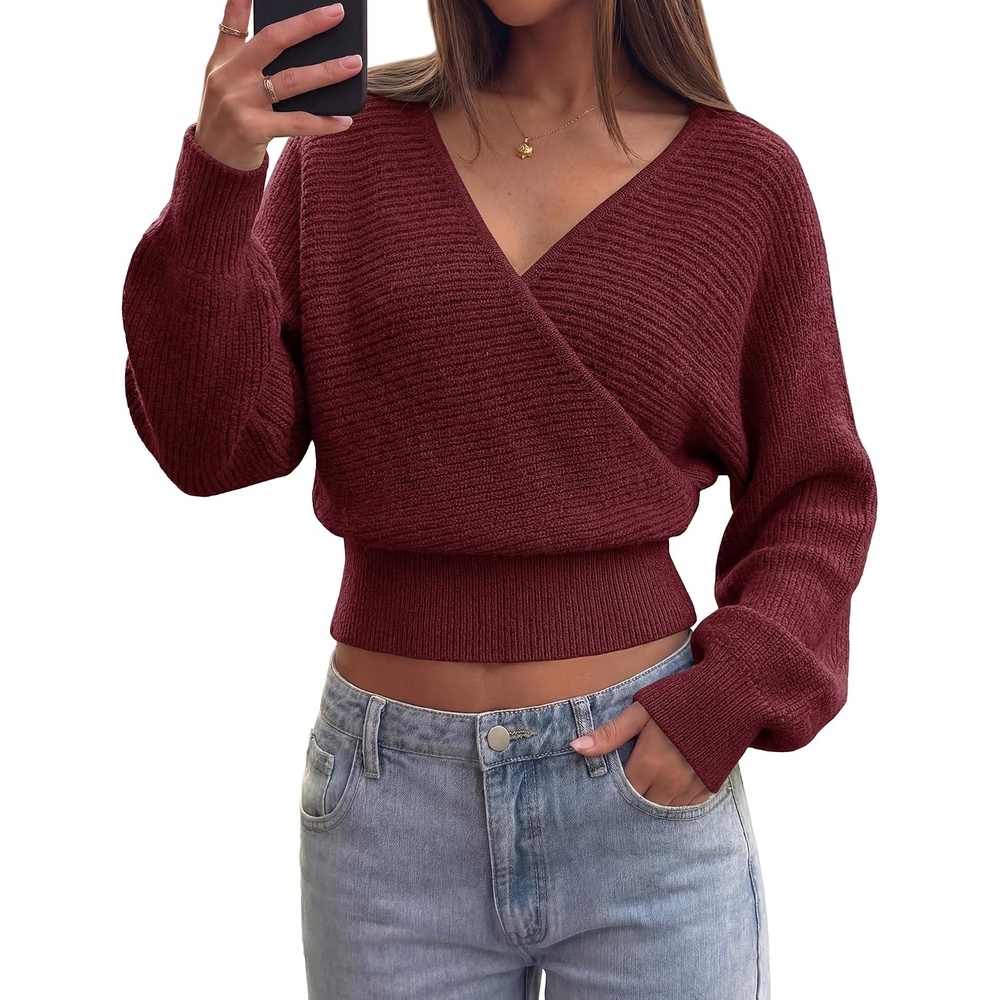 image:imageBTFBM Ribbed Knit V Neck Wrap Cross Sweaters for Women Fall Outfits 2026Burgundy