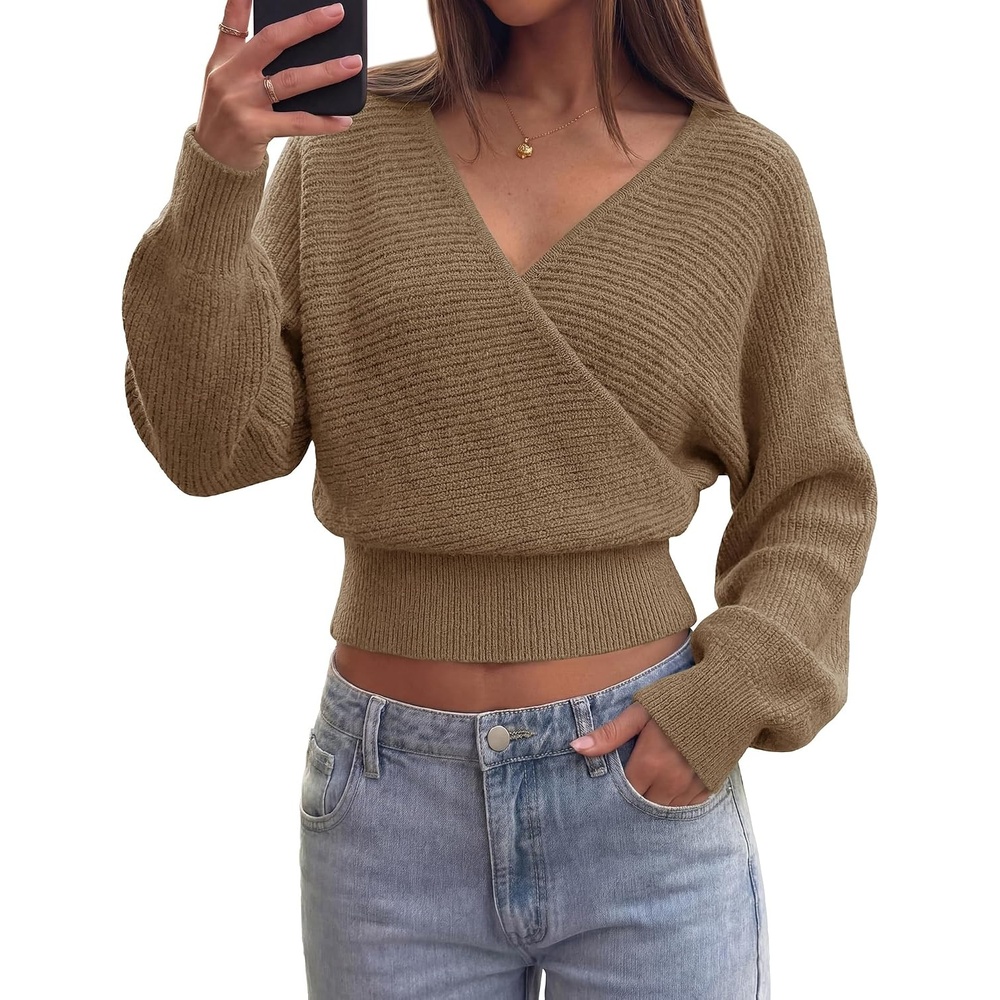 image:imageBTFBM Ribbed Knit V Neck Wrap Cross Sweaters for Women Fall Outfits 2026Camel