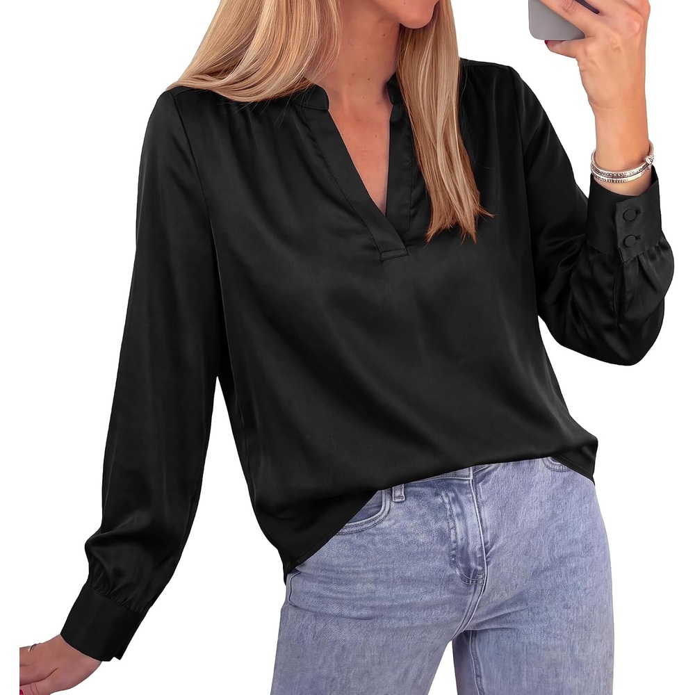 image:imageBTFBM Satin Blouses for Women Dressy Casual Work Fall Long Sleeve ShirtsBlack