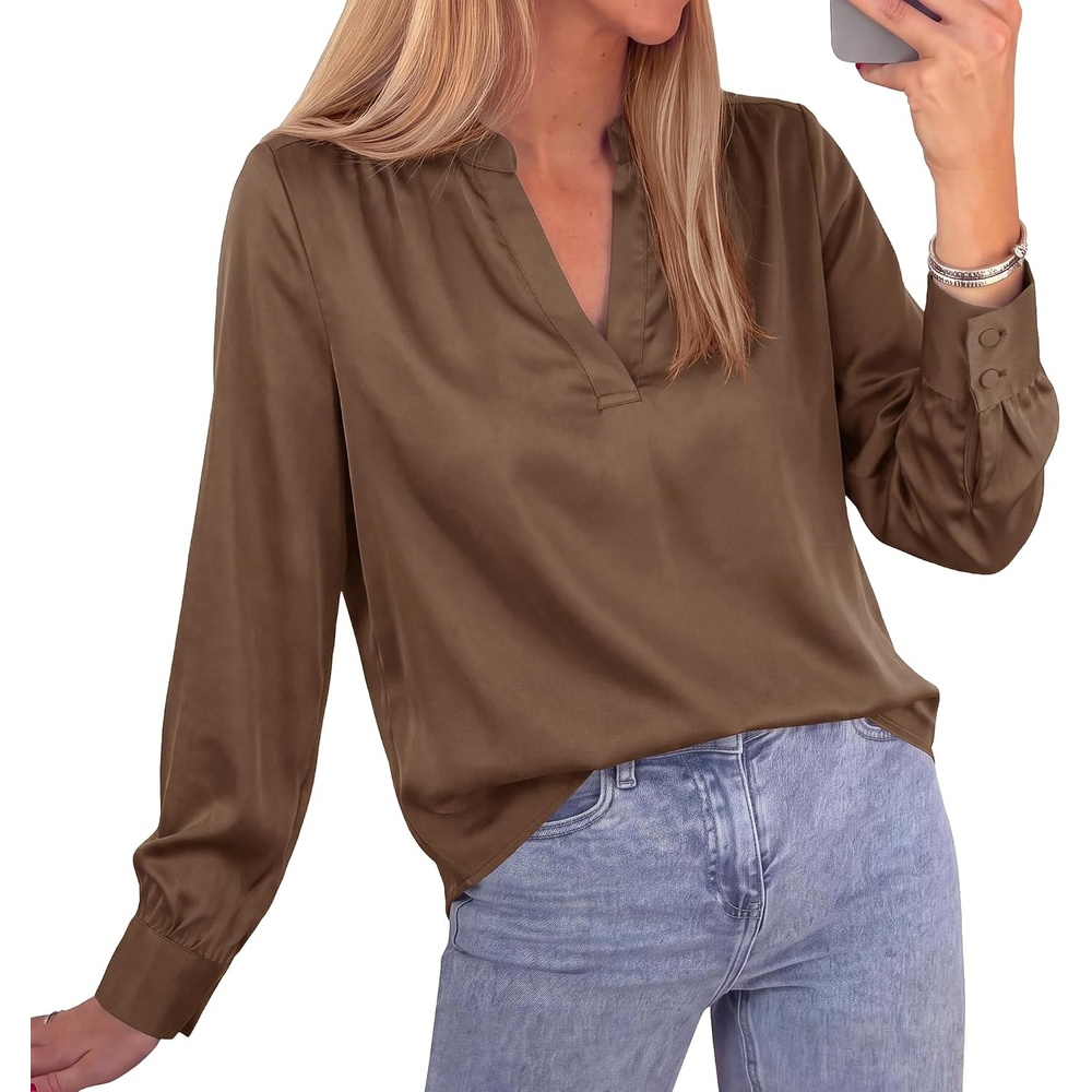 image:imageBTFBM Satin Blouses for Women Dressy Casual Work Fall Long Sleeve ShirtsBrown