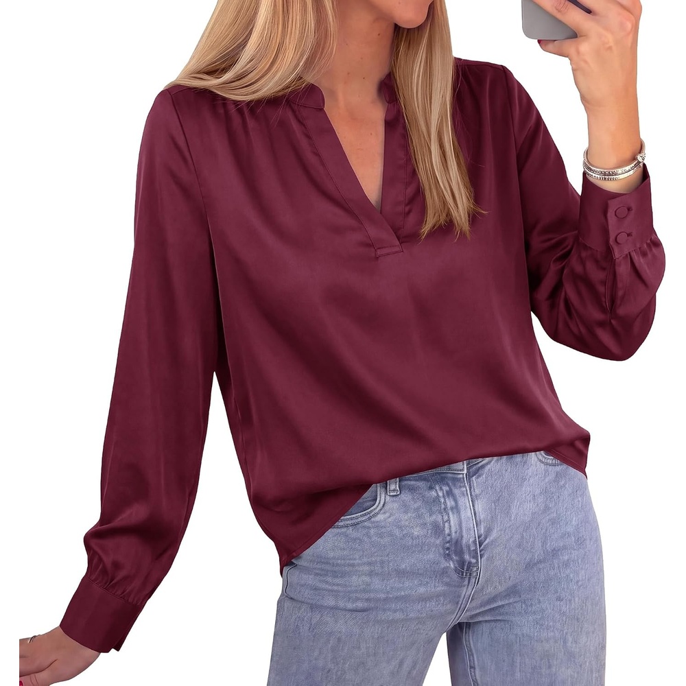 image:imageBTFBM Satin Blouses for Women Dressy Casual Work Fall Long Sleeve ShirtsBurgundy