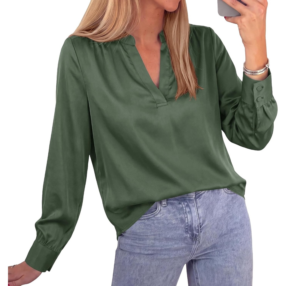 image:imageBTFBM Satin Blouses for Women Dressy Casual Work Fall Long Sleeve ShirtsDark Green