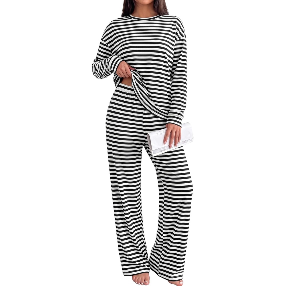 image:imageBTFBM Striped Lounge Set Women 2 Piece Outfit TracksuitBlack White