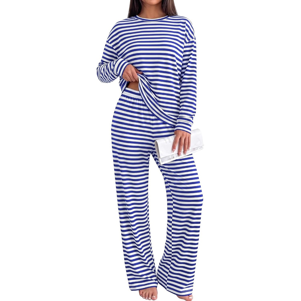 image:imageBTFBM Striped Lounge Set Women 2 Piece Outfit TracksuitWhite Blue