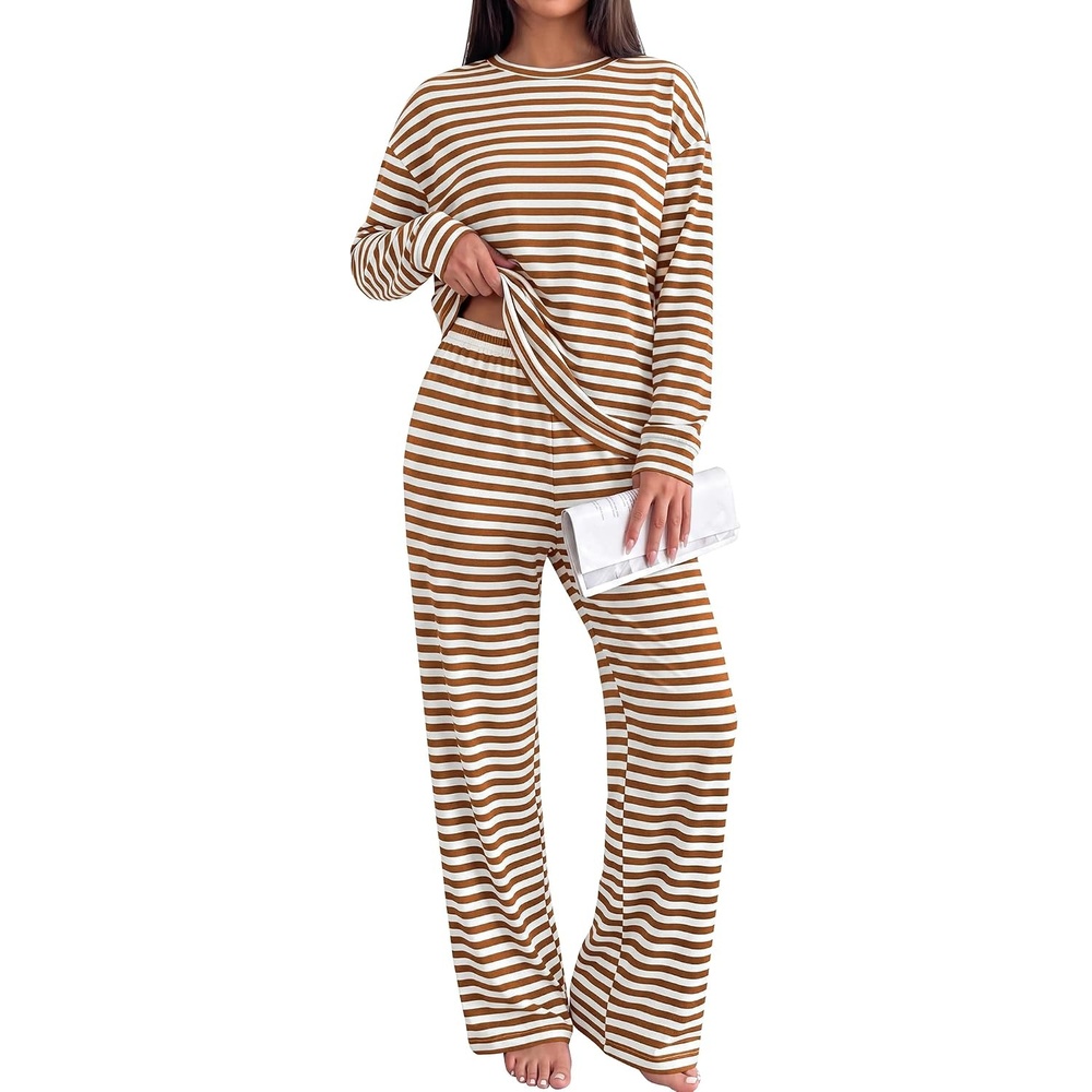 image:imageBTFBM Striped Lounge Set Women 2 Piece Outfit TracksuitWhite Brown