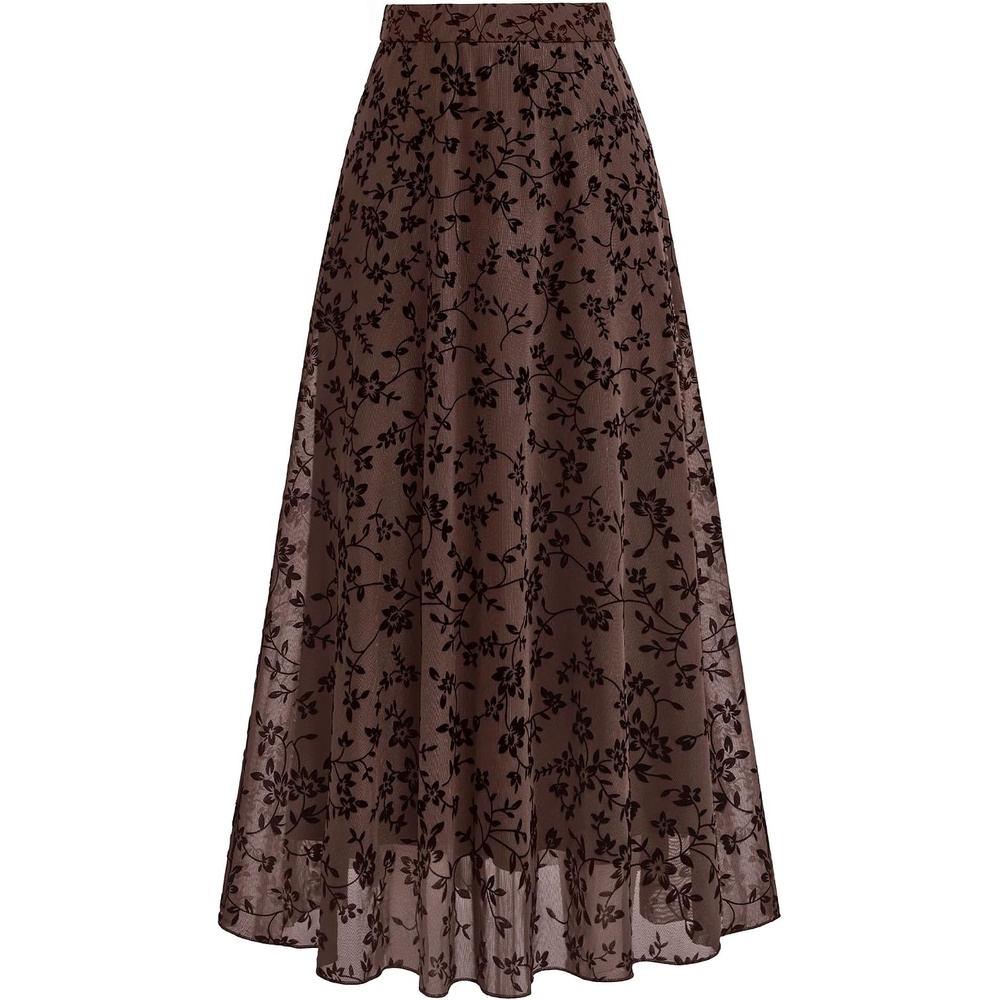 image:imageBTFBM Womens Floral Mesh Maxi Skirts Long Tulle SkirtBrown