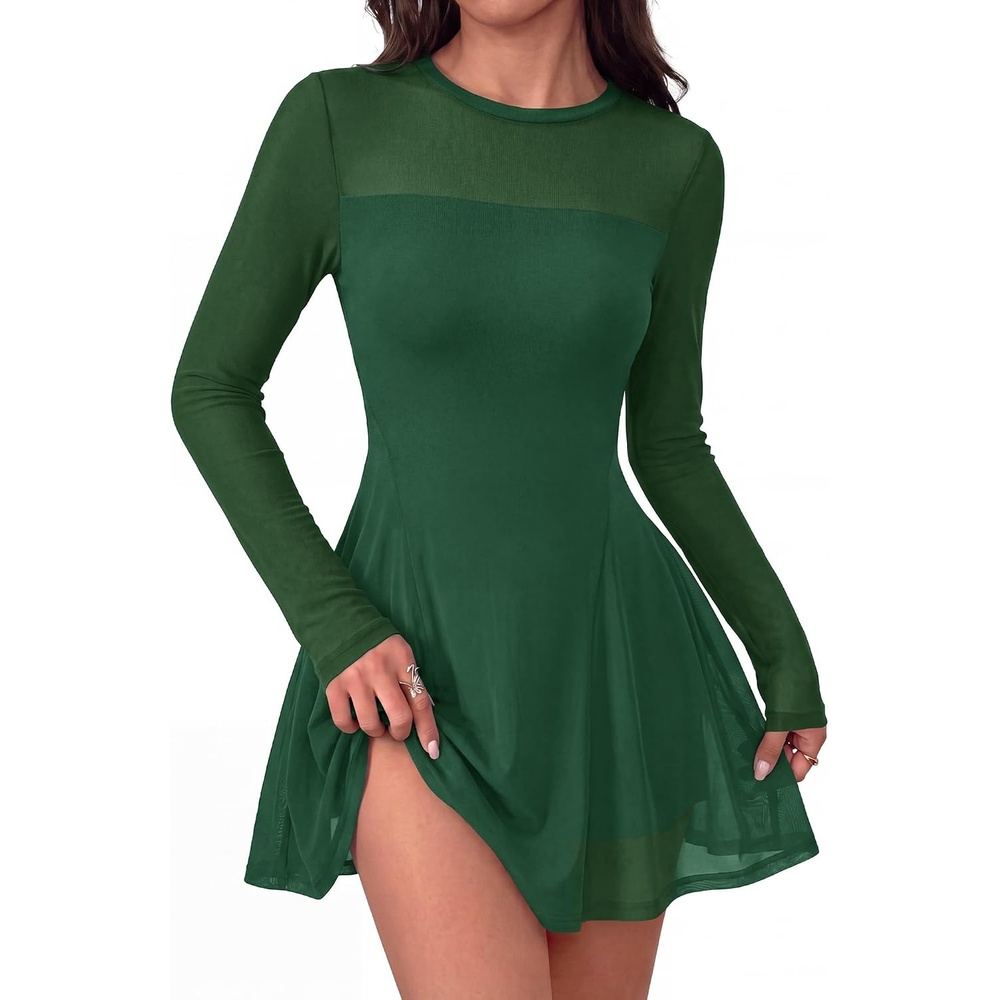 image:imageBTFBM Womens Mini Dress Sheer Mesh Long Sleeve DressesGreen