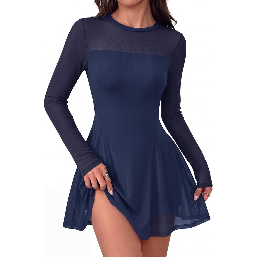 image:imageBTFBM Womens Mini Dress Sheer Mesh Long Sleeve DressesNavy Blue