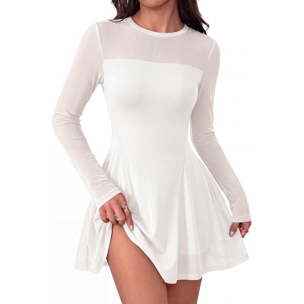 image:imageBTFBM Womens Mini Dress Sheer Mesh Long Sleeve DressesWhite