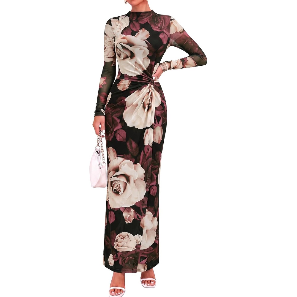 image:imageBTFBM Womens Sheer Mesh Maxi Fall Wedding Guest Dress Fashion Clothing 2026Floral Black Apricot