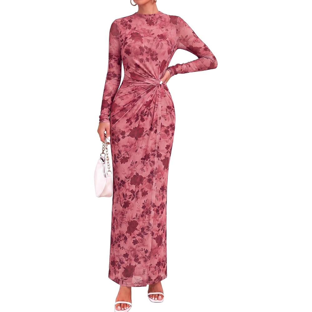 image:imageBTFBM Womens Sheer Mesh Maxi Fall Wedding Guest Dress Fashion Clothing 2026Floral Pink Red