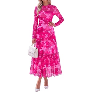 BTFBM Boho Mesh Long Sleeve Dress for Women(Floral Pink)