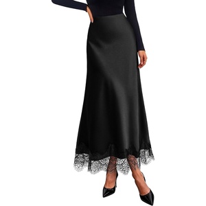 BTFBM Lace Trim Satin Skirts for Women Elegant(Black)