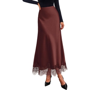 BTFBM Lace Trim Satin Skirts for Women Elegant(Brown)
