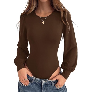 BTFBM Long Puff Sleeve Bodysuits for Women 2026(Brown)